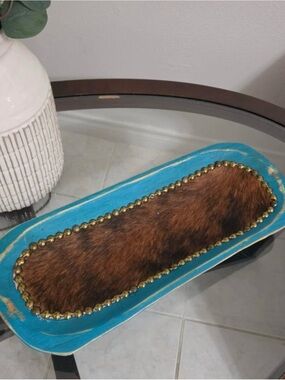 Turquoise Tray with Brown Fur Inset and Brass Trim